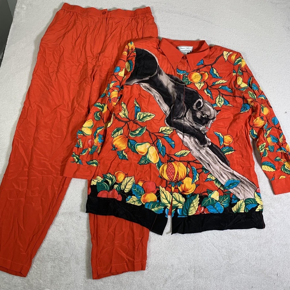 Vintage Diane Gilman Shirt Pants Set Womens 1X Silk Panther Jungle Tropical Silk